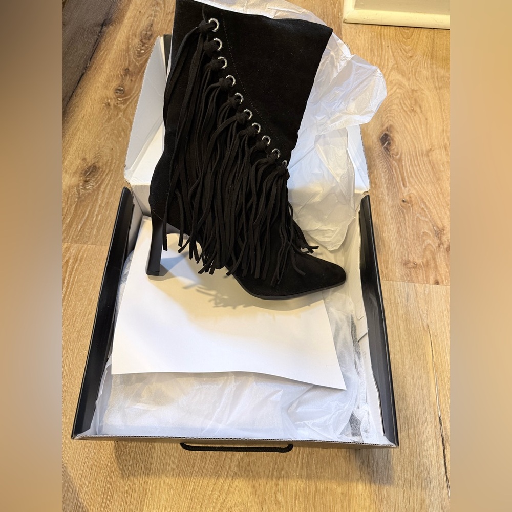 Fashion Nova Black Fringe Heeled Boots